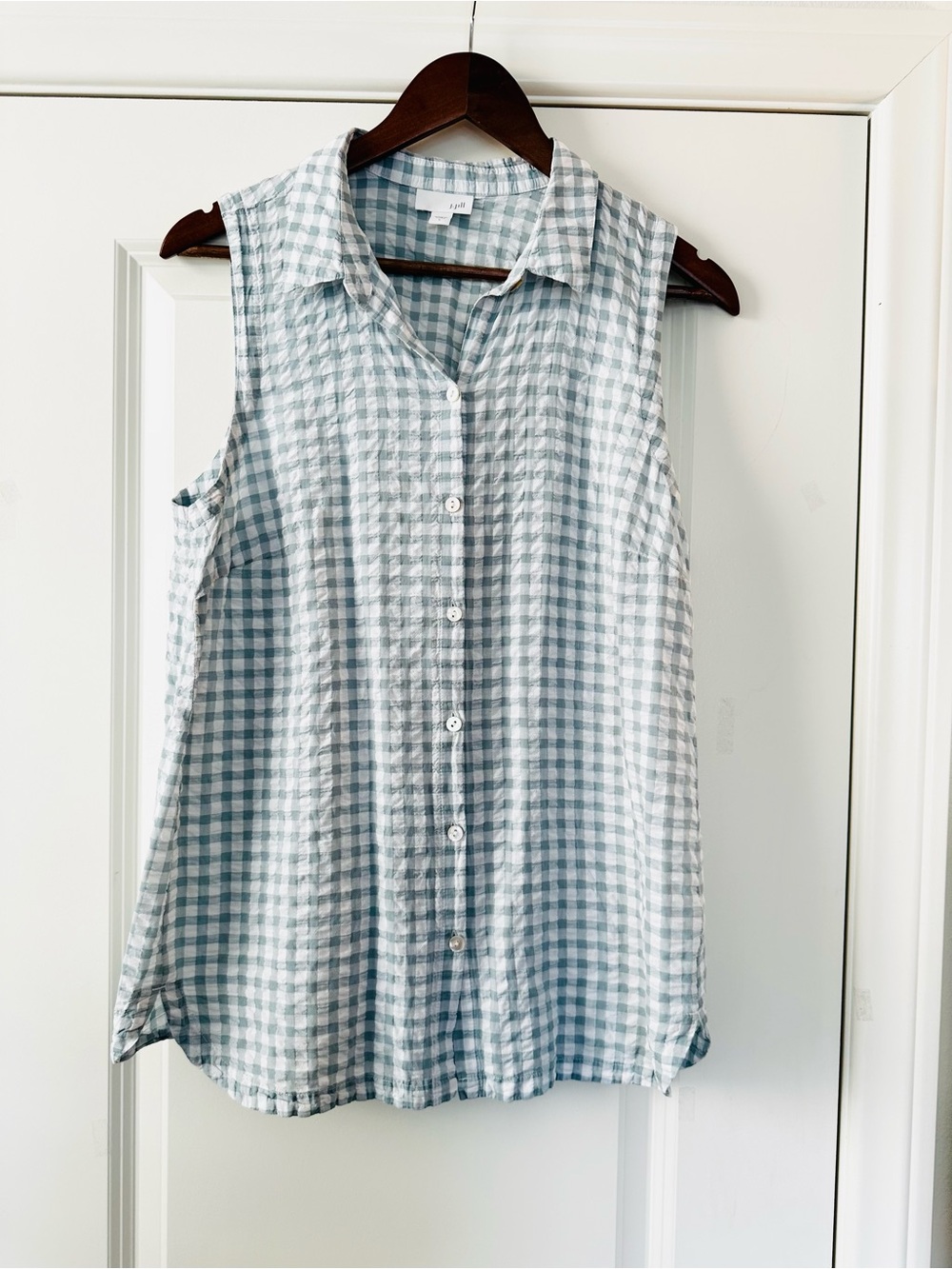 J. Jill Blue and White Seersucker Gingham Sleeveless Button-Down Top Large
